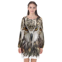 Vector Hand Painted Owl Long Sleeve Chiffon Shift Dress  by Sudhe