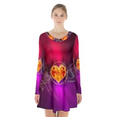 Flame Heart Smoke Love Fire Long Sleeve Velvet V-neck Dress