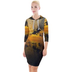 Sunset Reflection Birds Clouds Sky Quarter Sleeve Hood Bodycon Dress by HermanTelo