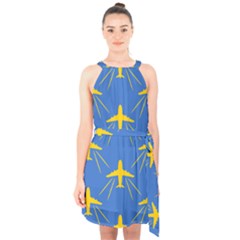 Aircraft Texture Blue Yellow Halter Collar Waist Tie Chiffon Dress by HermanTelo