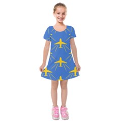 Aircraft Texture Blue Yellow Kids  Short Sleeve Velvet Dress by HermanTelo