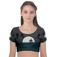 Birds Moon Moonlight Tree Animal Velvet Short Sleeve Crop Top  by HermanTelo