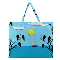 Birds Sun Tree Animal Black Tree Zipper Large Tote Bag by HermanTelo