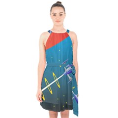 Rocket Spaceship Space Galaxy Halter Collar Waist Tie Chiffon Dress by HermanTelo