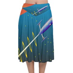 Rocket Spaceship Space Galaxy Velvet Flared Midi Skirt by HermanTelo