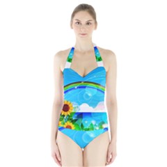 Sunflower And Rainbow Ocean Bokeh Halter Swimsuit by Pakrebo