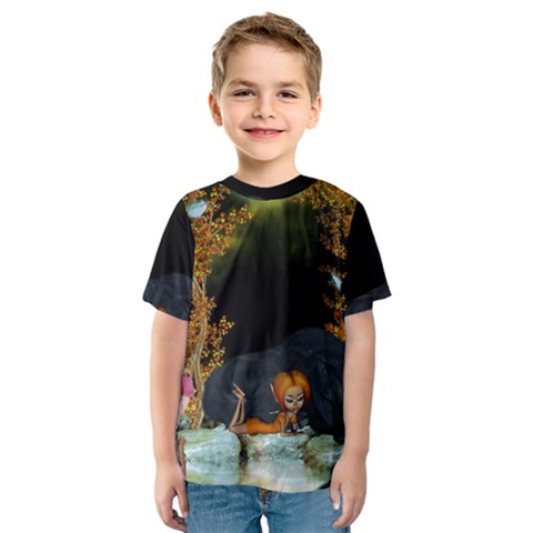 Cute Fairy With Awesome Wolf In The Night Kids  Sport Mesh Tee by FantasyWorld7