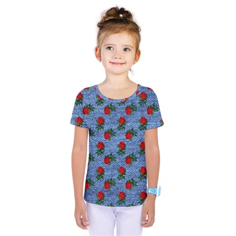 Blue Denim And Roses Kids  One Piece Tee by snowwhitegirl