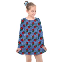 Blue Denim And Roses Kids  Long Sleeve Dress by snowwhitegirl