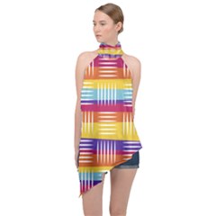 Background Line Rainbow Halter Asymmetric Satin Top by HermanTelo