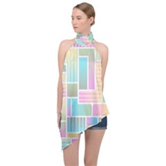 Color Blocks Abstract Background Halter Asymmetric Satin Top by HermanTelo