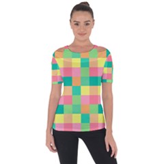 Checkerboard Pastel Squares Shoulder Cut Out Short Sleeve Top by Sapixe