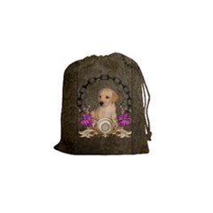 Cute Little Puppy With Flowers Drawstring Pouch (small) by FantasyWorld7