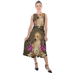 Cute Little Puppy With Flowers Midi Tie-back Chiffon Dress by FantasyWorld7