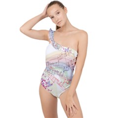 Music Notes Abstract Frilly One Shoulder Swimsuit by Bajindul