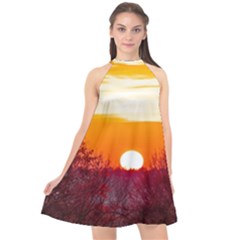 Sun Evening Sunset Sky Landscape Halter Neckline Chiffon Dress  by Pakrebo