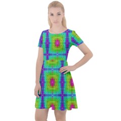 Groovy Yellow Pink Purple Square Pattern Cap Sleeve Velour Dress  by BrightVibesDesign