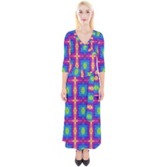 Groovy Blue Pink Yellow Square Pattern Quarter Sleeve Wrap Maxi Dress by BrightVibesDesign