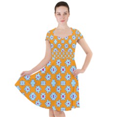 Modern Blue Flowers  On Orange Cap Sleeve Midi Dress by BrightVibesDesign