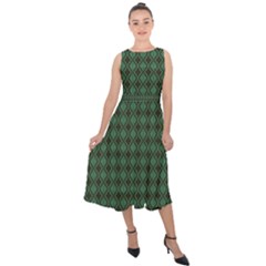 Argyle Dark Green Brown Pattern Midi Tie-back Chiffon Dress by BrightVibesDesign