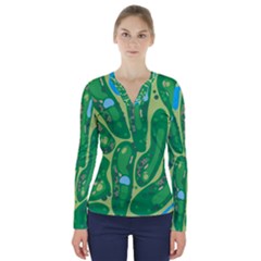 Golf Course Par Golf Course Green Copy V-neck Long Sleeve Top by Nexatart