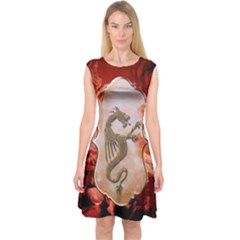 Wonderful Chinese Dragon With Flowers On The Background Capsleeve Midi Dress by FantasyWorld7