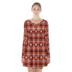 Plaid - Red With Skulls Long Sleeve Velvet V-neck Dress by WensdaiAmbrose