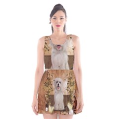 Cute Maltese Puppy With Flowers Scoop Neck Skater Dress by FantasyWorld7