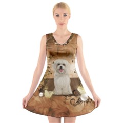 Cute Maltese Puppy With Flowers V-neck Sleeveless Dress by FantasyWorld7