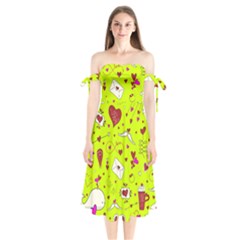 Valentin s Day Love Hearts Pattern Red Pink Green Shoulder Tie Bardot Midi Dress by EDDArt