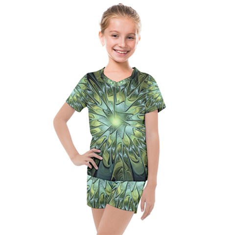 Fractal Green Gold Glowing Kids  Mesh Tee And Shorts Set by Pakrebo