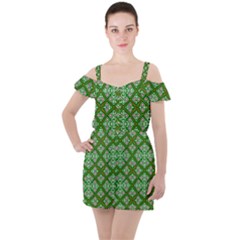 Symmetry Digital Art Pattern Green Ruffle Cut Out Chiffon Playsuit by Pakrebo