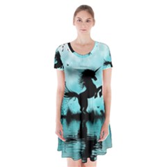 Wonderful Unicorn Silhouette In The Night Short Sleeve V-neck Flare Dress by FantasyWorld7