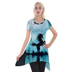 Wonderful Unicorn Silhouette In The Night Short Sleeve Side Drop Tunic by FantasyWorld7