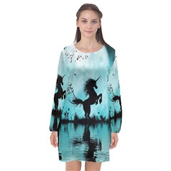 Wonderful Unicorn Silhouette In The Night Long Sleeve Chiffon Shift Dress  by FantasyWorld7