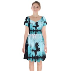 Wonderful Unicorn Silhouette In The Night Short Sleeve Bardot Dress by FantasyWorld7