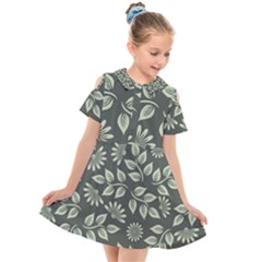 Flowers Pattern Spring Green Kids  Short Sleeve Shirt Dress by Bajindul