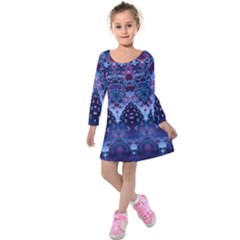 Blue Elegance Elaborate Fractal Fashion Kids  Long Sleeve Velvet Dress by KirstenStar