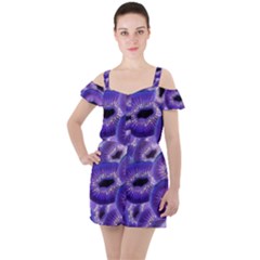 Sliced Kiwi Fruits Purple Ruffle Cut Out Chiffon Playsuit by Pakrebo