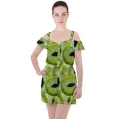 Sliced Kiwi Fruits Green Ruffle Cut Out Chiffon Playsuit by Pakrebo