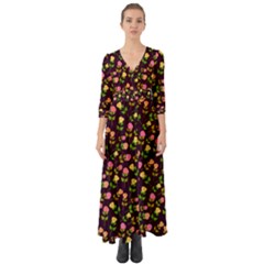 Flowers Roses Brown Button Up Boho Maxi Dress by Bajindul