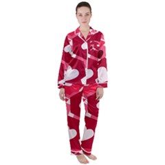 Pink Hearts Pattern Love Shape Satin Long Sleeve Pyjamas Set by Bajindul