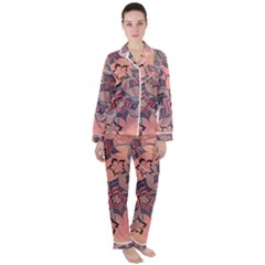 Flowers Orange Purple Warm Satin Long Sleeve Pyjamas Set by Bajindul