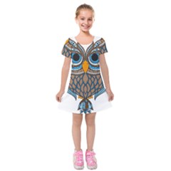 Owl Drawing Art Vintage Clothing Blue Feather Kids  Short Sleeve Velvet Dress by Sudhe