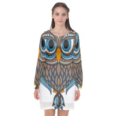 Owl Drawing Art Vintage Clothing Blue Feather Long Sleeve Chiffon Shift Dress  by Sudhe