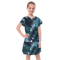 Green And Black Computer Motherboard Kids  Drop Waist Dress by Wegoenart