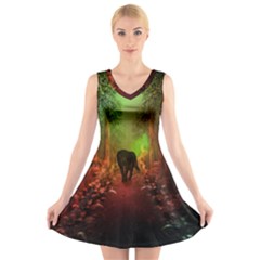 The Lonely Wolf In The Night V-neck Sleeveless Dress by FantasyWorld7