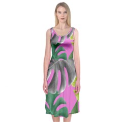 Tropical Greens Leaves Design Midi Sleeveless Dress by Simbadda