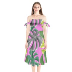 Tropical Greens Leaves Design Shoulder Tie Bardot Midi Dress by Simbadda