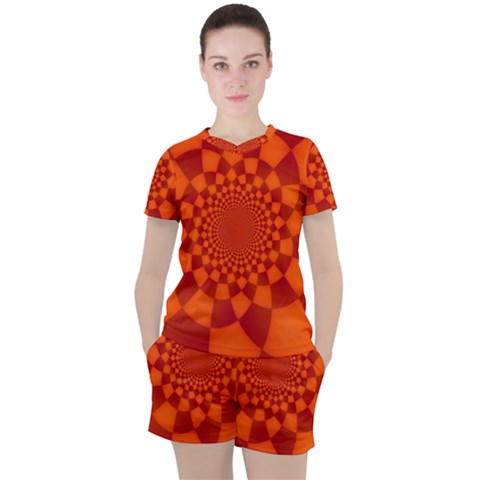 Fractal Artwork Abstract Background Orange Women s Tee And Shorts Set by Sudhe